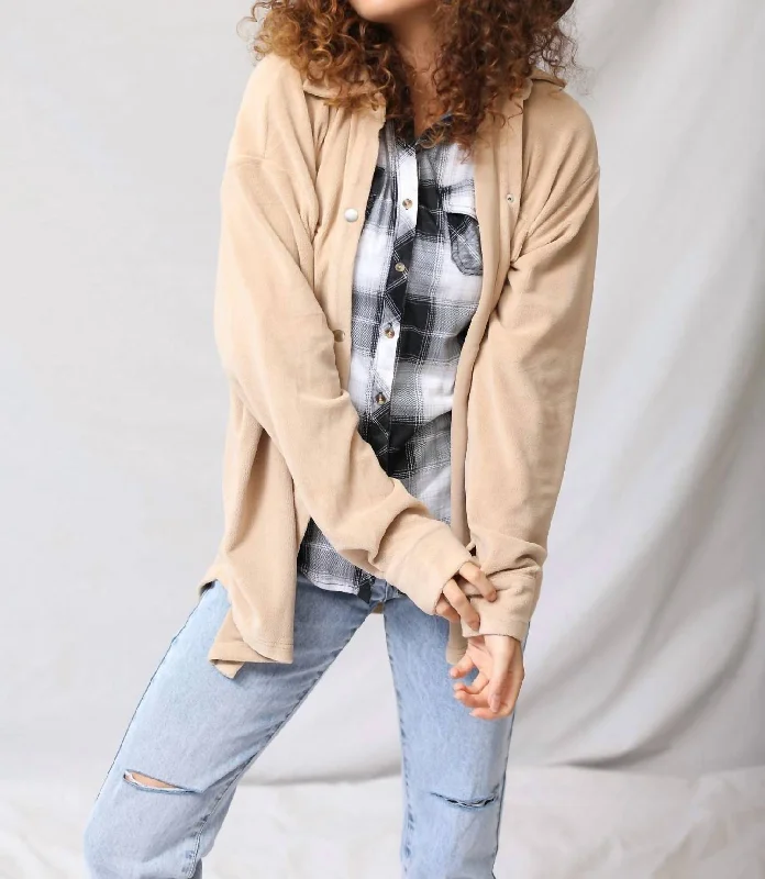 women's wool blend coat -Soft Teddy Button Up Jacket In Beige