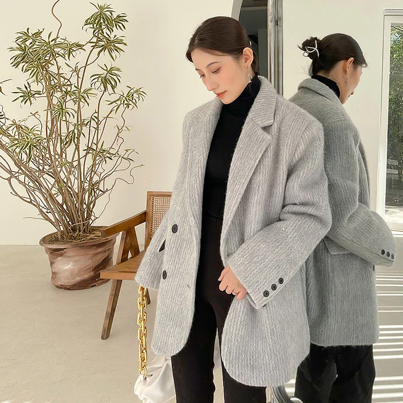 trendy oversized long coat for women -Gray Wool Coat,Oversize Wool Blazer Suit,Winter Wool Suit