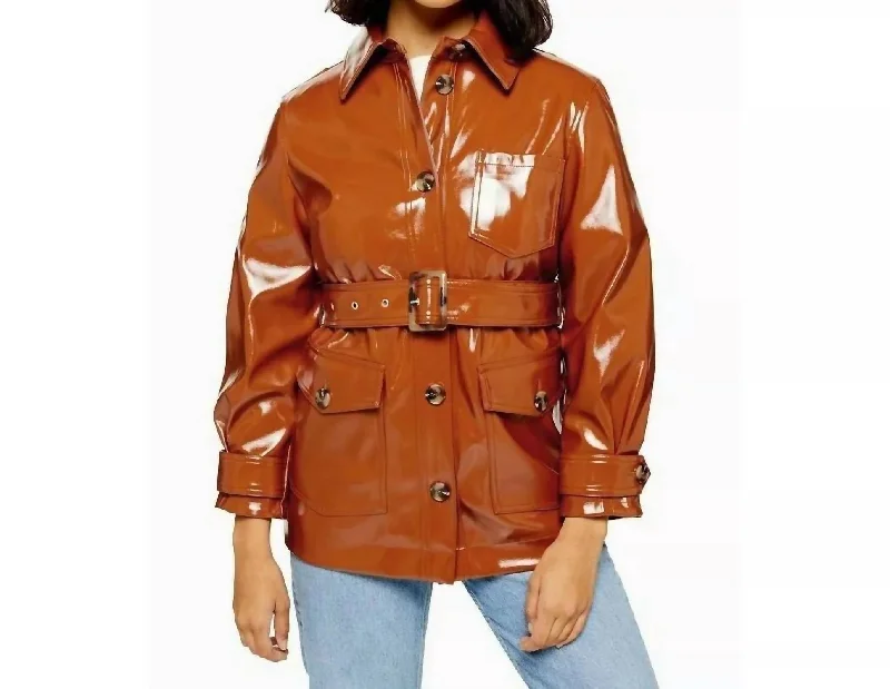 ladies' asymmetrical zip jacket -High Gloss Patent Belted Coat In Brown