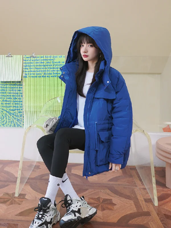 women's ruched sleeve blazer -Blue Hooded Down Puffer Coat