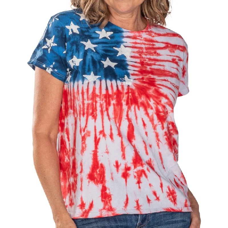 women's polka dot wrap top -Women's Patriotic Tie Dye Painted Stars T-Shirt