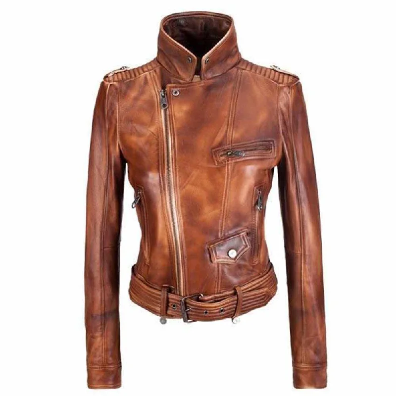 women's cropped tweed jacket -Slim Fit Brown Waxed Leather Jacket