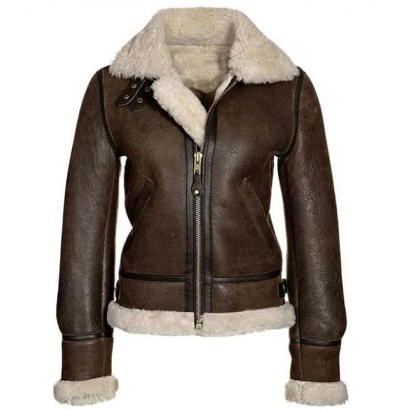 women's color block wool coat -Aviator Bomber Shearling Leather Jacket