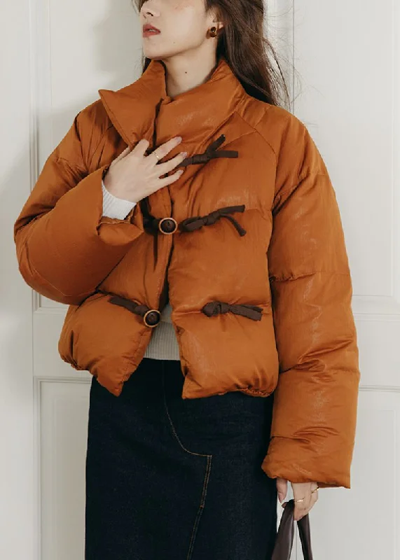 ladies' asymmetrical zip jacket -Orange Stand Collar Short Down Puffy Coat