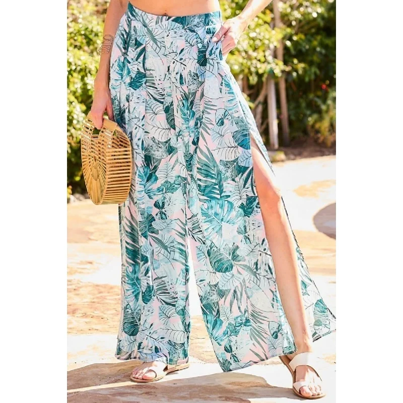 women's pleated waist wrap dress -women's casual straight-leg cargo pants -Back Elastic Waist Band Side Pockets Pleat Side Open Slit Tropical Print Pants