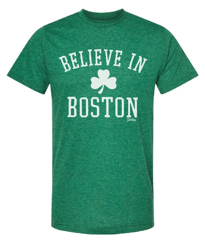 women's fitted button-up blouse -Believe In Boston (classic shamrock) Heather Green T-Shirt