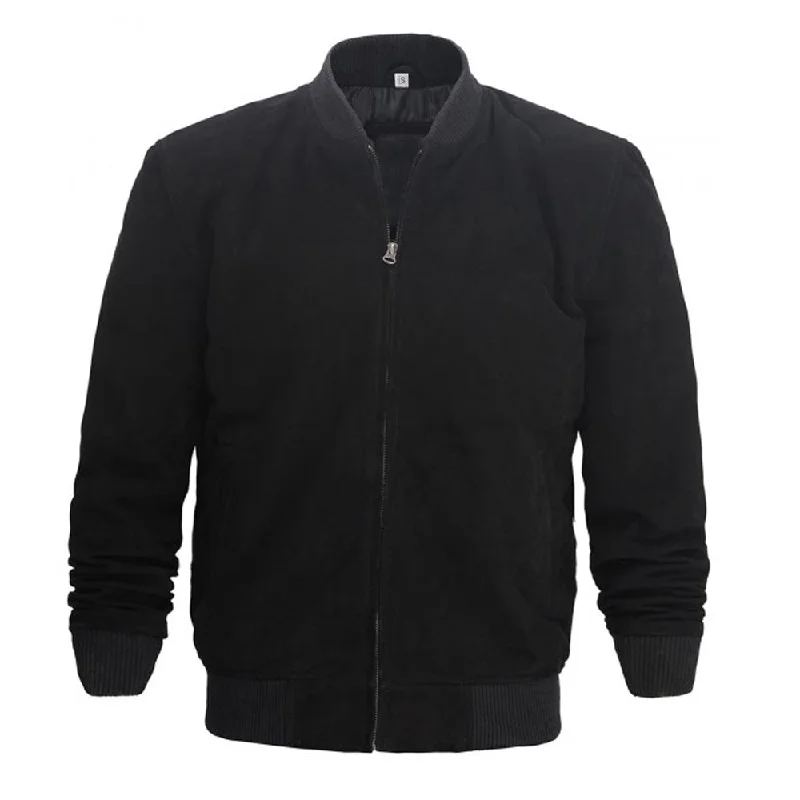 trendy color block jacket for women -Men Black Suede Bomber Leather Jacket