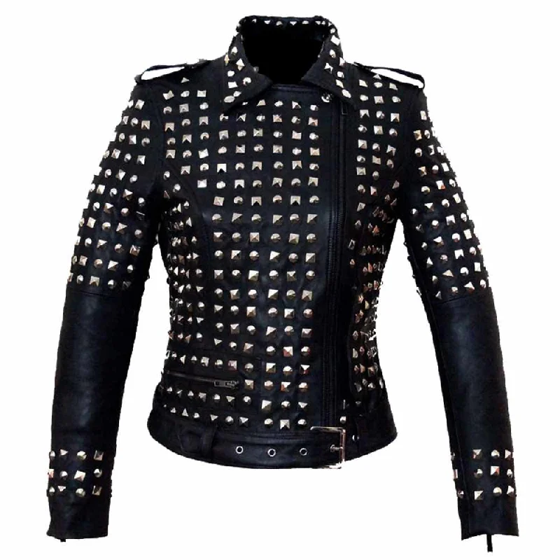 women's corduroy trucker jacket -Punk Women Studded Biker Black Leather Jacket