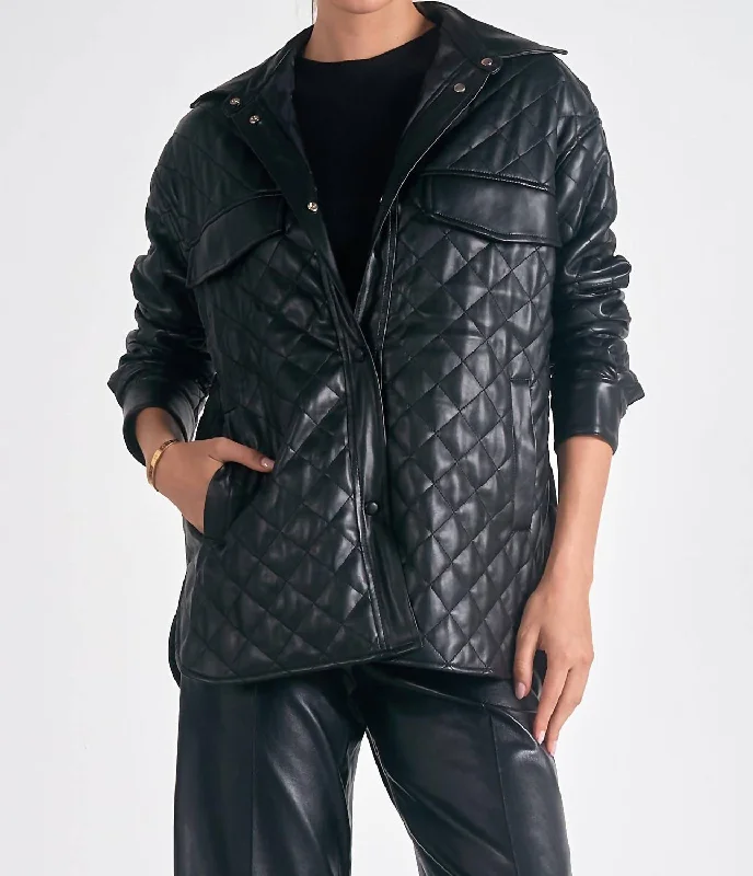 women's varsity bomber jacket -Quilted Faux Leather Jacket In Black