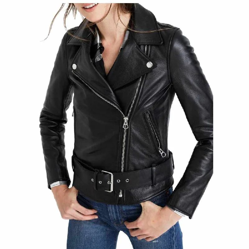 trendy oversized long coat for women -Slim Fit Motorcycle Black Leather Jacket