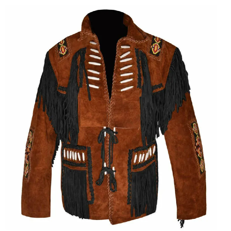 women's reversible puffer jacket -Native American Cowboy Suede Fringe Leather Jacket