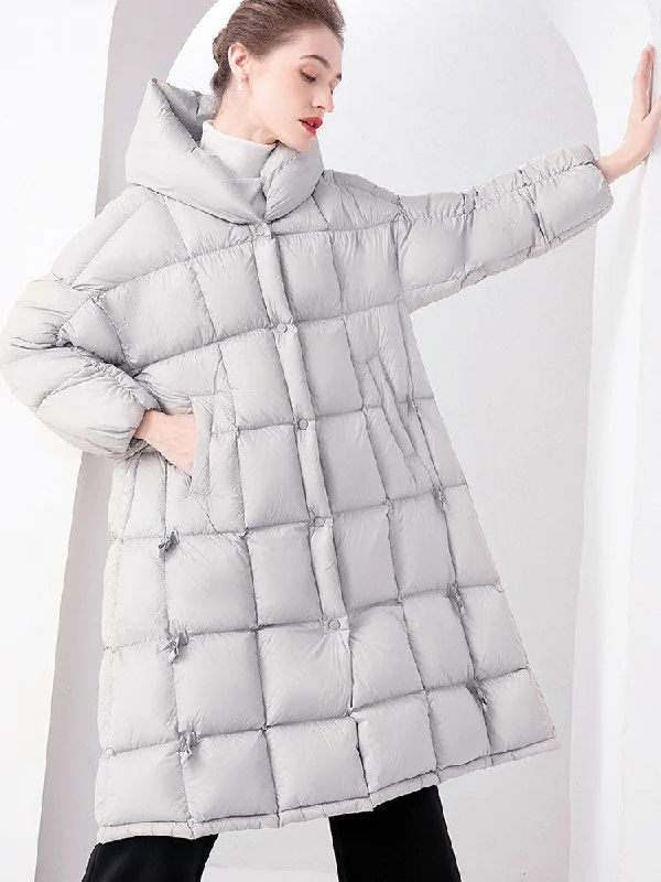 trendy camo print jacket for women -Plaid Hooded Flared Down Puffer Coat