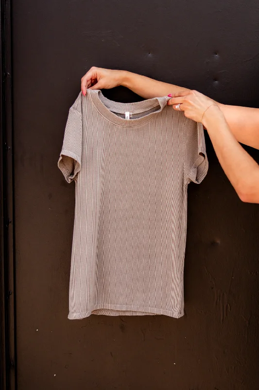 stylish sheer mesh top for women -Jocelyn Ribbed T-Shirt | Grey Brown