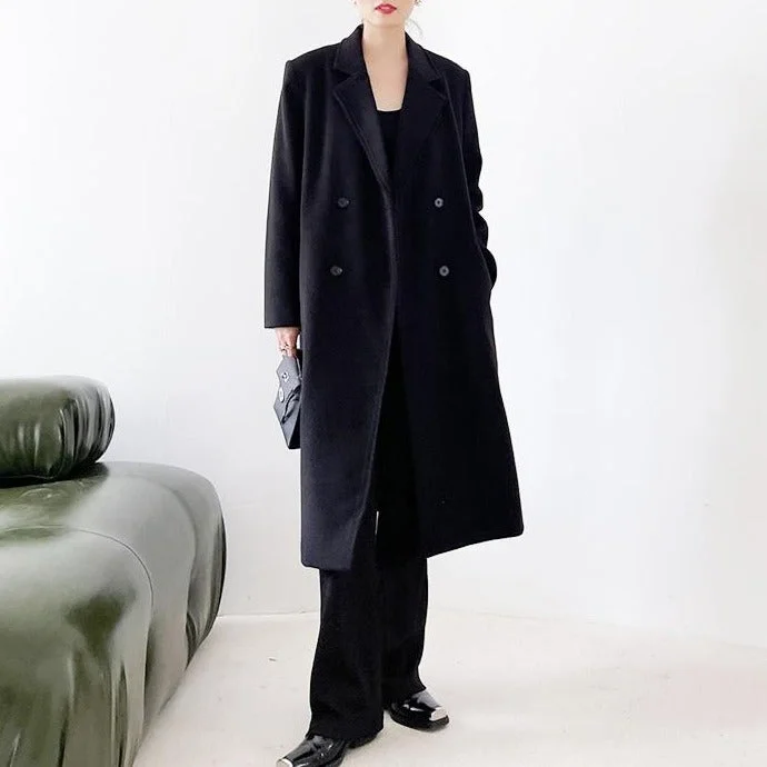 women's wool blend coat -Double Breasted Oversized Long Wool Coat Black