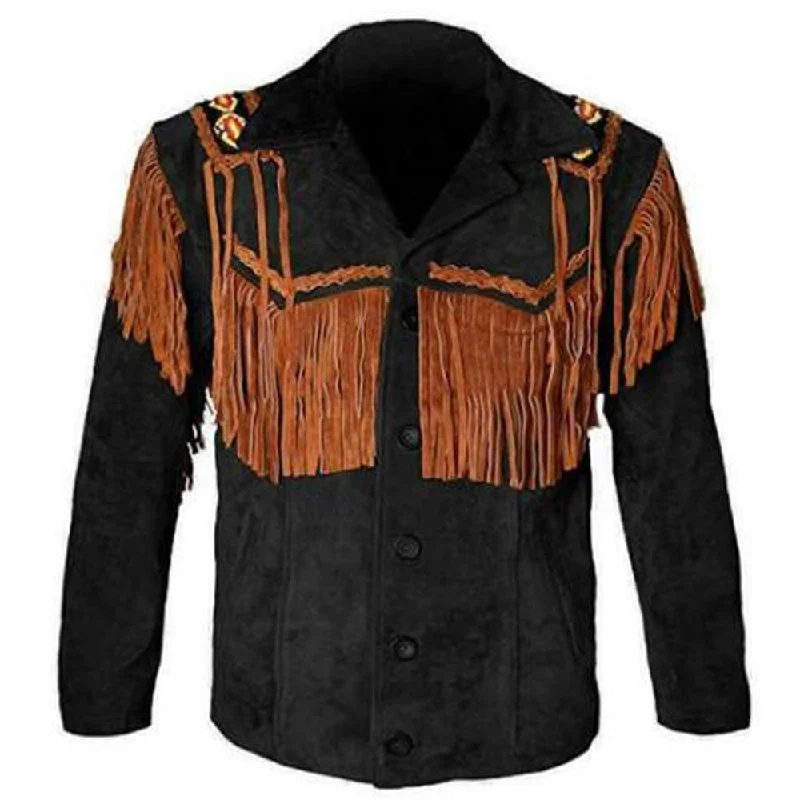 women's longline denim coat -Unisex Western Fringe Black Leather Jacket