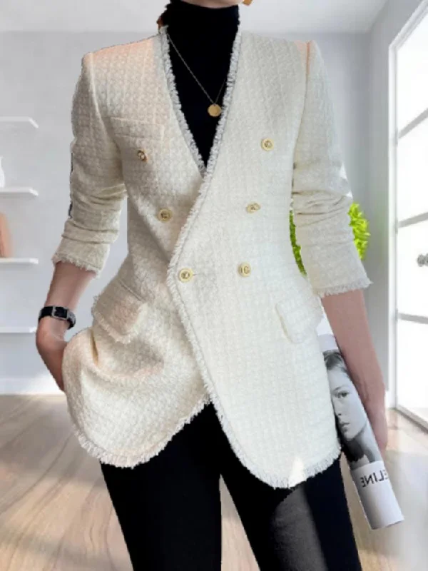 ladies' quilted bomber jacket -Neckless Double Breasted Neckless Wool blend Coat