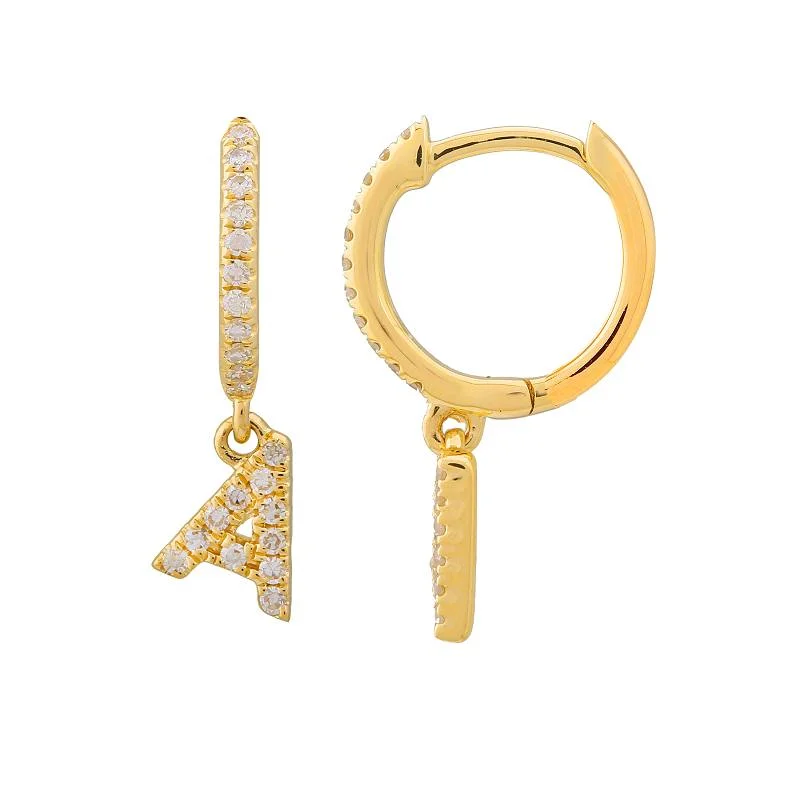 women's art deco-style earrings -14k SINGLE Diamond Initial Huggie