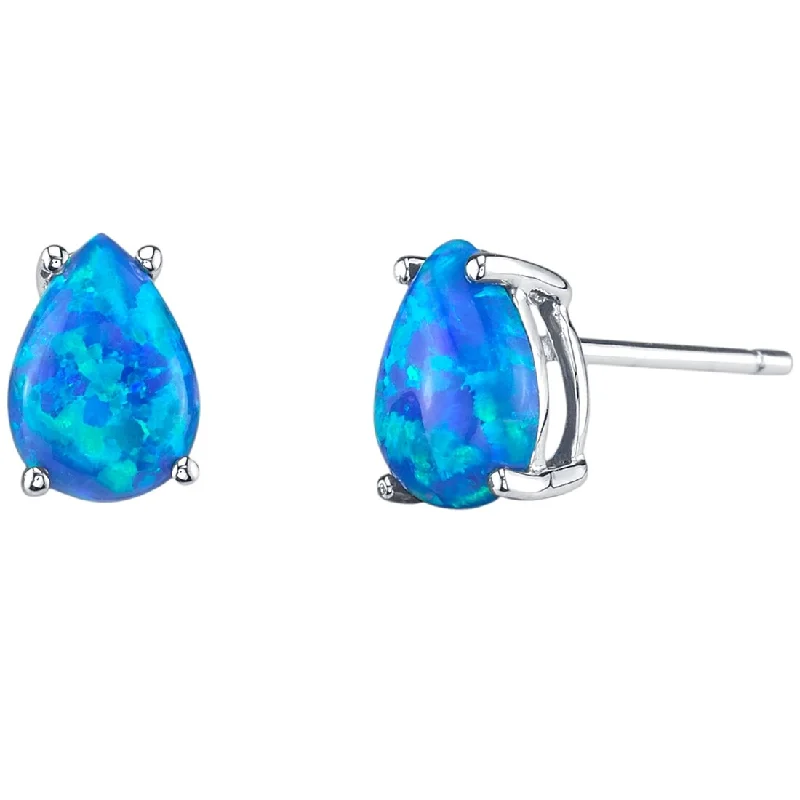 women's twisted rope hoop earrings -14k White Gold Blue Opal Stud Earrings 1 ct Pear Shape