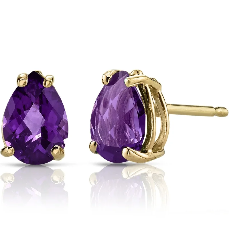 women's statement dangle earrings -14k Yellow Gold Amethyst Stud Earrings 1.15 ct Pear Shape