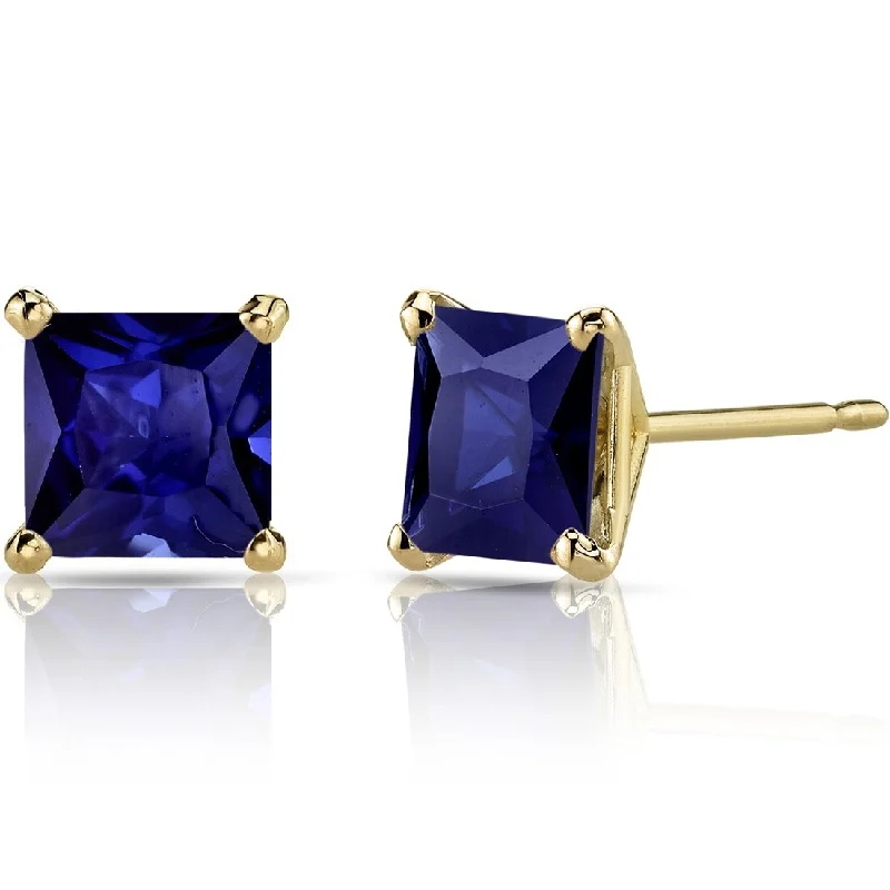 women's crescent moon earrings -14k Yellow Gold Blue Sapphire Stud Earrings 2.76 ct Princess Shape