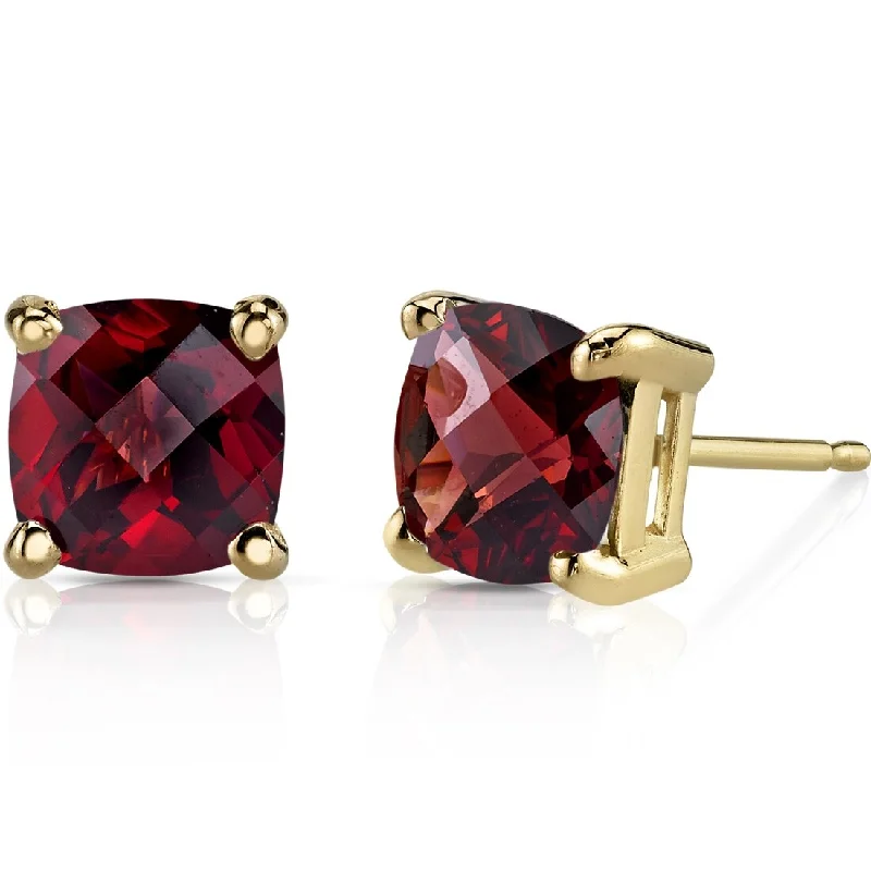 women's geometric drop earrings -14k Yellow Gold Garnet Stud Earrings 2.41 ct Cushion Shape