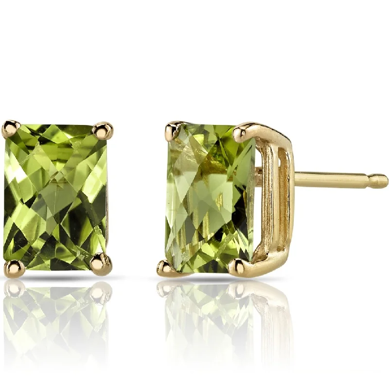 ladies' delicate vine earrings -14k Yellow Gold Peridot Stud Earrings 2.03 ct Radiant Shape