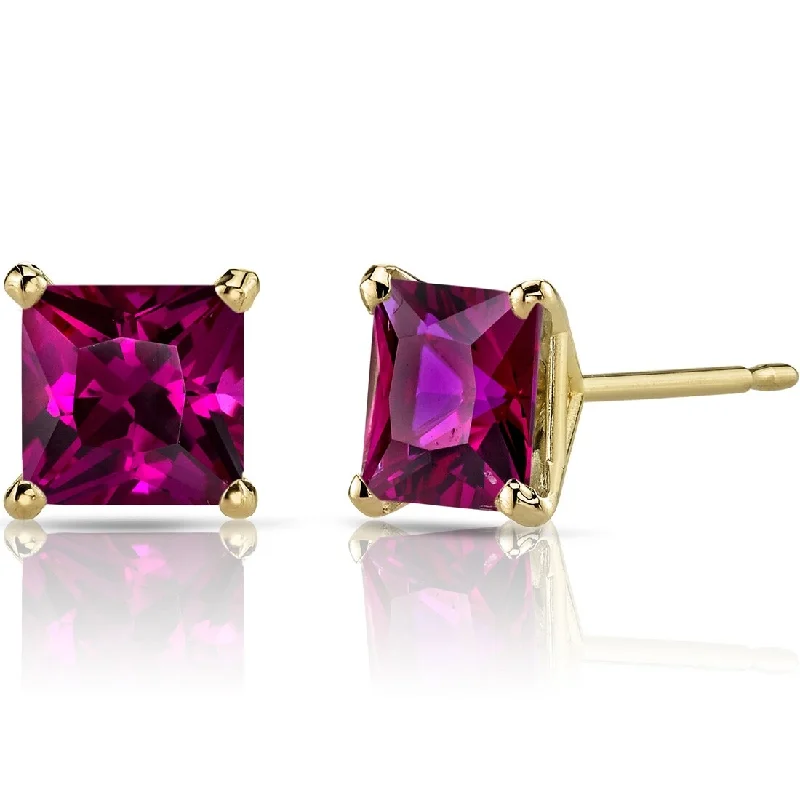 women's minimalist gold studs -14k Yellow Gold Ruby Stud Earrings 2.91 ct Princess Shape