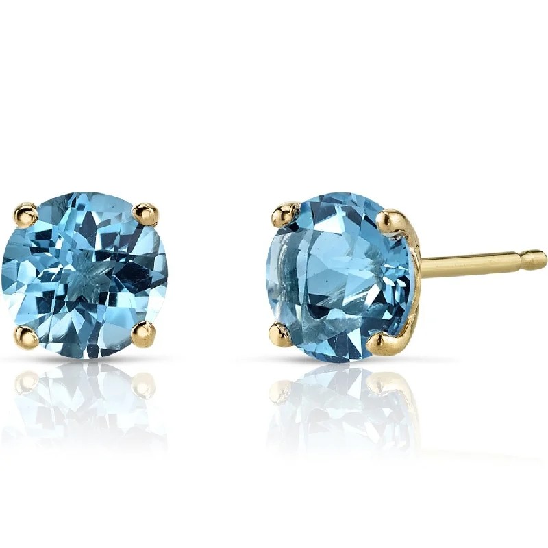 women's three-stone drop earrings -14k Yellow Gold Swiss Blue Topaz Stud Earrings 2.05 ct Round Shape