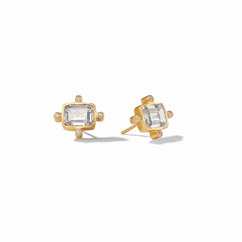 women's diamond halo earrings -24K Yellow Gold Overlay 'Clara' Studs With Cubic Zirconia