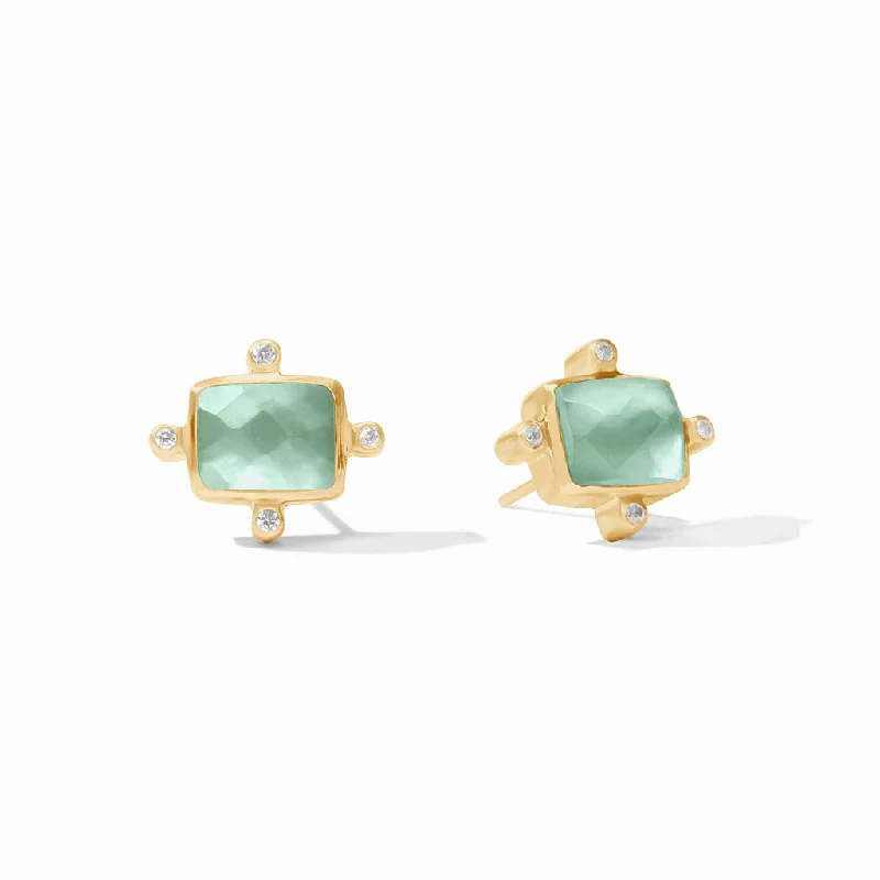 women's cubic zirconia earrings -24K Yellow Gold Overlay 'Clara' Studs With Iridescent Aquamarine Blue Crystals