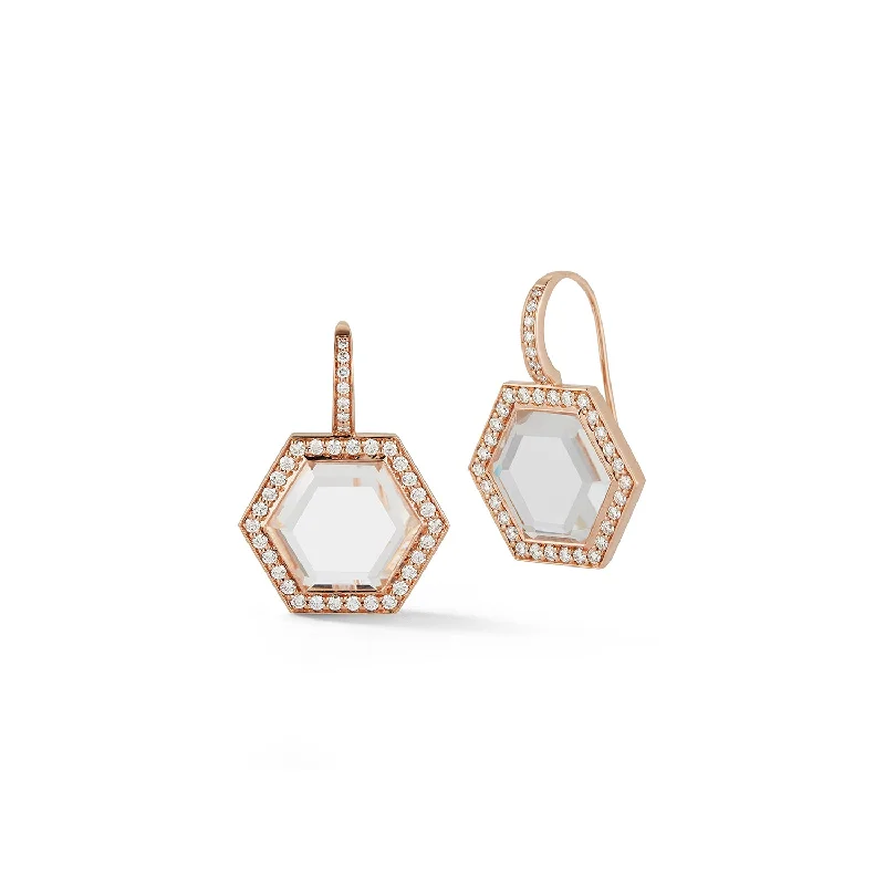 women's pave hoop earrings -BELL 18K DIAMOND, AND ROCK CRYSTAL HEXAGON DROP EARRINGS