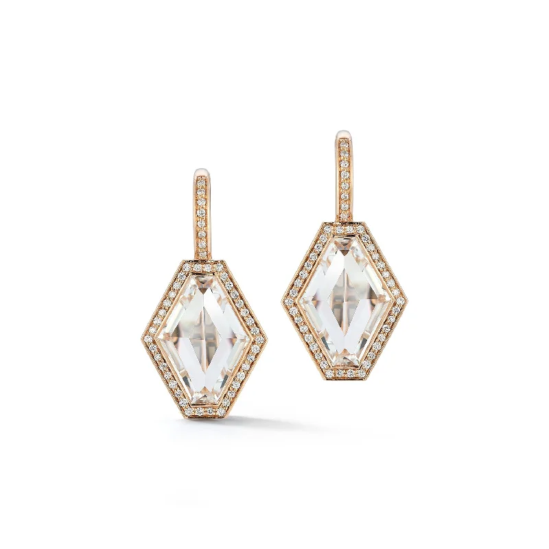 ladies' dainty constellation earrings -BELL 18K DIAMOND AND ROCK CRYSTAL HEXAGON EARRINGS