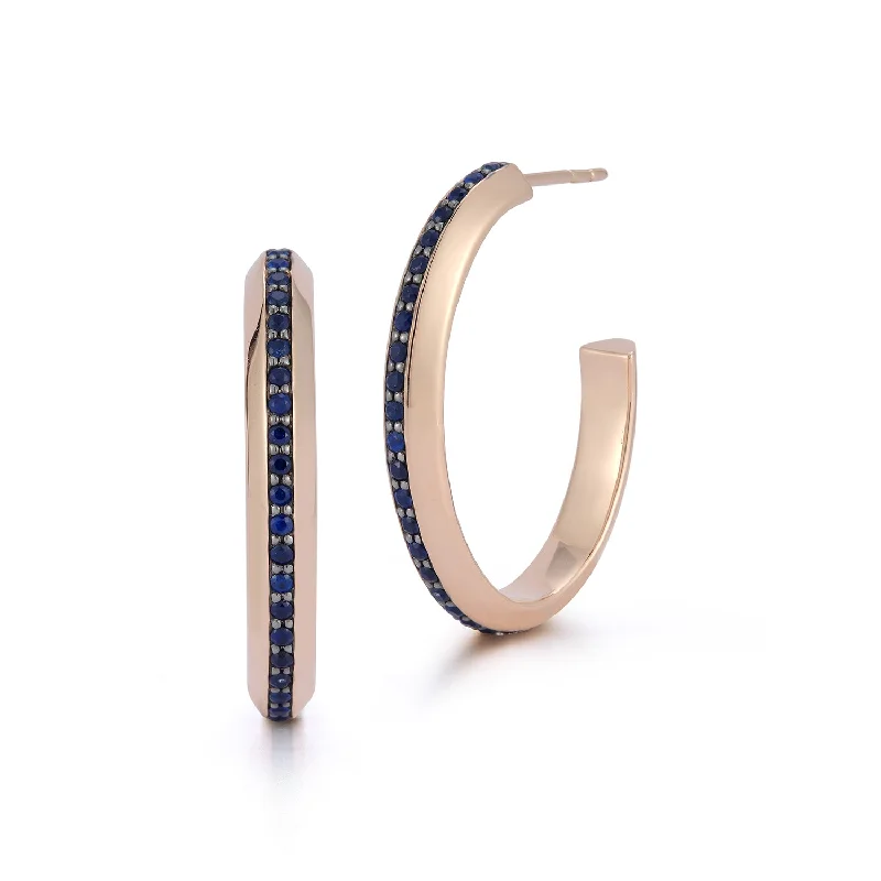 women's gothic cross earrings -GRANT 18K AND BLUE SAPPHIRE KNIFE EDGE HOOP EARRINGS