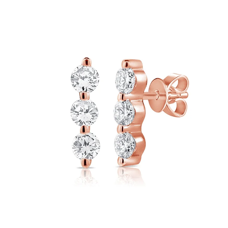 women's sterling silver drop earrings -Joelle Diamond 3 Stone Bar Earrings 0.20Ct 14K Rose Gold Stud Earring