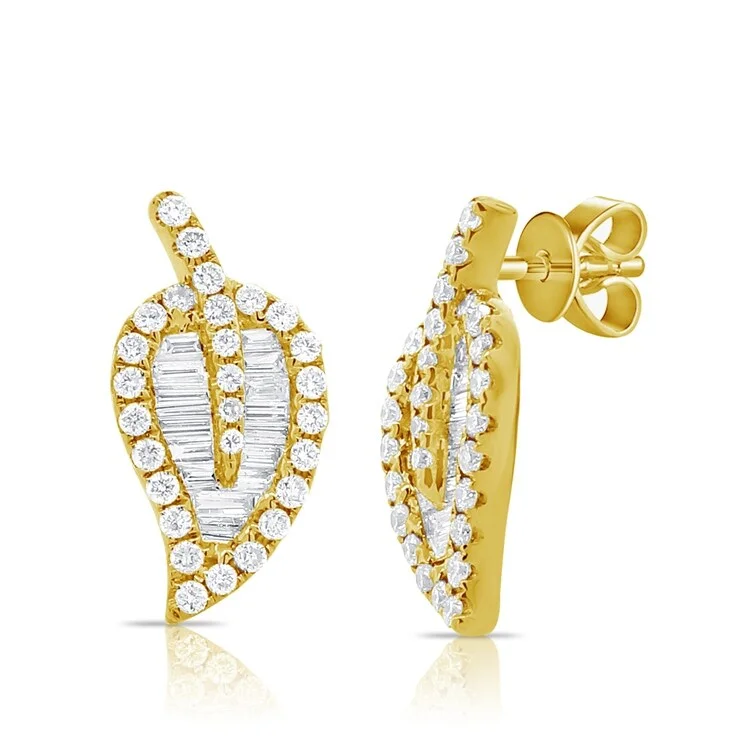 trendy huggie earrings for women -Joelle Diamond Baguette 1/2 Cttw. Leaf Stud Earrings 14K Gold