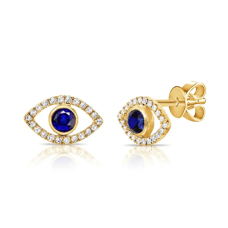 women's angel wing earrings -Joelle Diamond & Blue Sapphire Evil Eye Studs Earrings 14K Gold 1/10 ct.