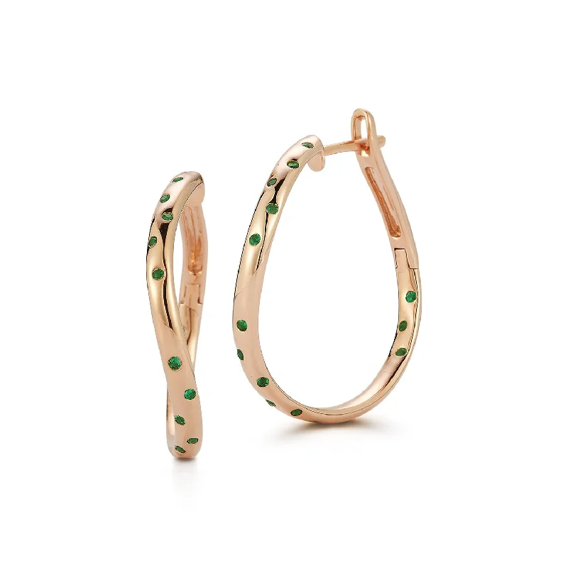 trendy open hoop earrings for women -JULIAN 18K GOLD AND GREEN EMERALD CURVED HOOP EARRINGS