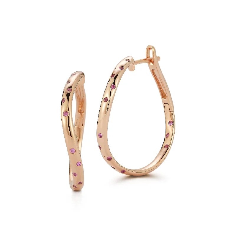 women's elegant chandelier earrings -JULIAN 18K GOLD AND PINK SAPPHIRE CURVED HOOP EARRINGS