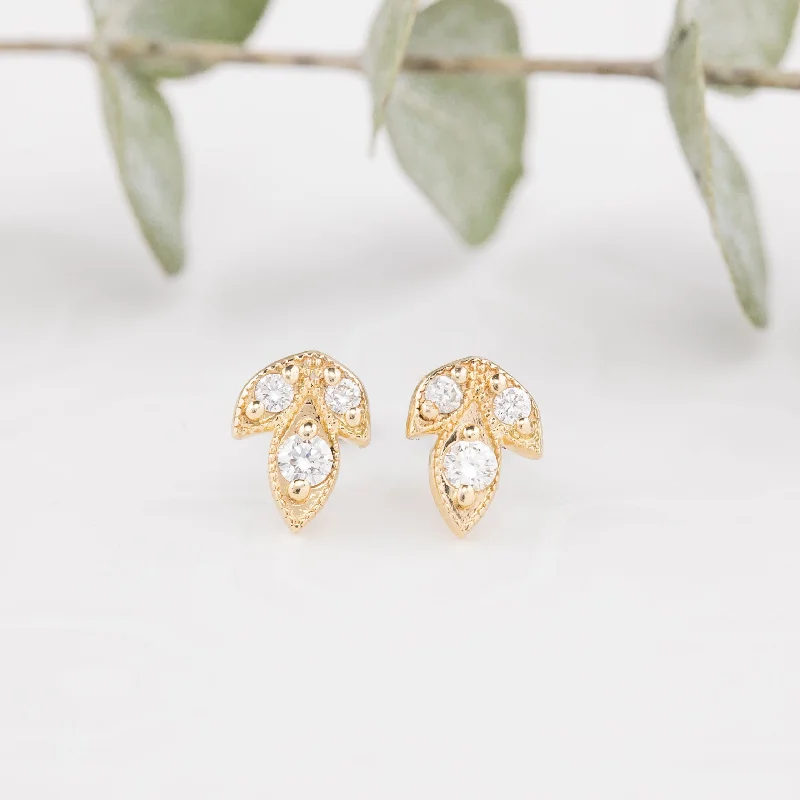 women's black and gold earrings -Three Leaf Diamond Stud Earrings, 14k Gold