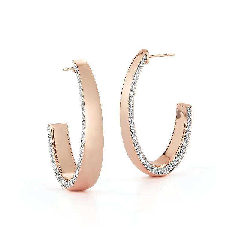 women's crescent moon earrings -LYTTON 18K LONG HOOP WITH DIAMOND EDGE HALF BACK EARRING