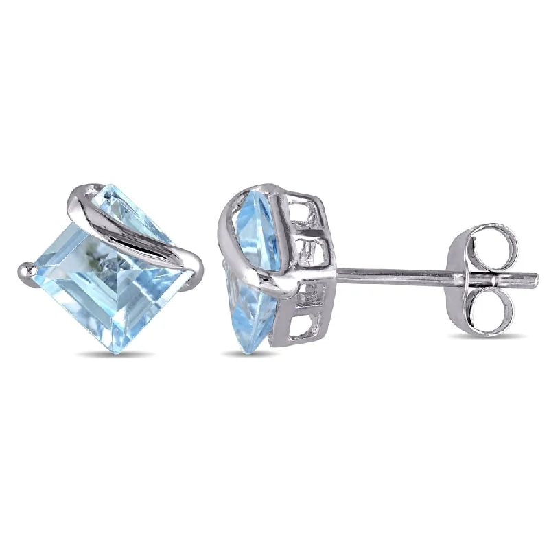 women's art deco-style earrings -Miadora 10k White Gold Square-Cut Blue Topaz Stud Earrings