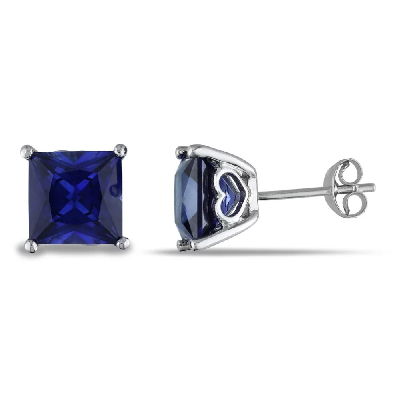 trendy half-moon earrings for women -Miadora Sterling Silver Created Blue Sapphire Heart Accent Stud Earrings