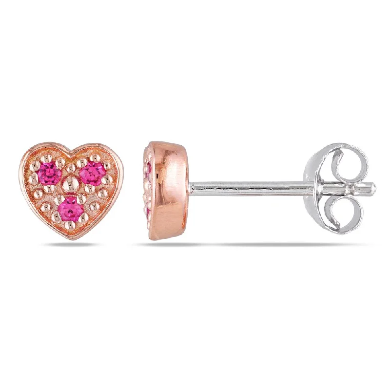 ladies' pearl drop earrings -Miadora Sterling Silver Created Pink Sapphire Heart Stud Earrings