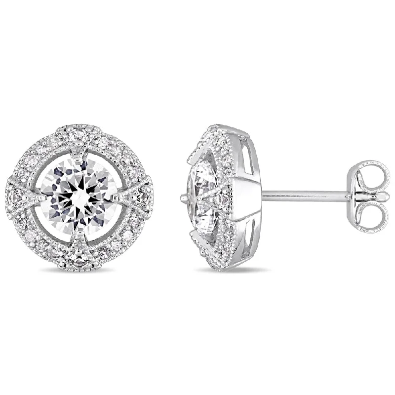 women's long threader earrings -Miadora Sterling Silver Created White Sapphire 1/6ct TDW Diamond Halo Stud Earrings