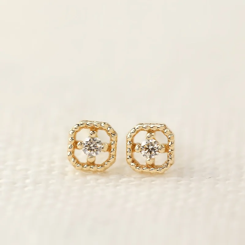 ladies' twisted metal earrings -Milgrain Square Diamond Studs