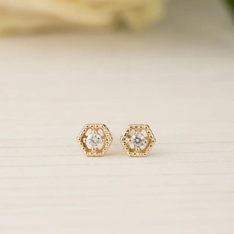 women's oval gemstone earrings -Milgrain Hexagon Diamond Studs