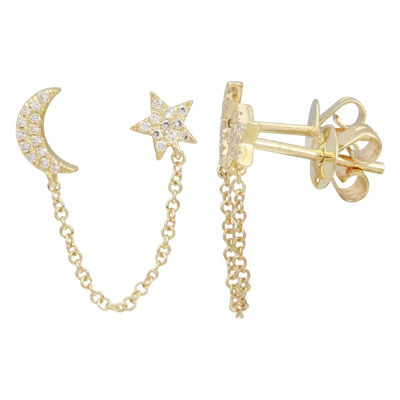 women's gold-plated drop earrings -Moon & Star Chain Earring