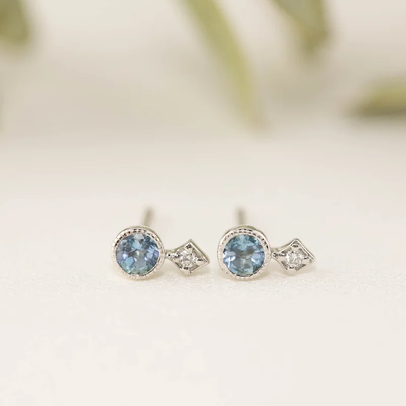 women's sterling silver drop earrings -Moon & Star Studs - Aquamarine