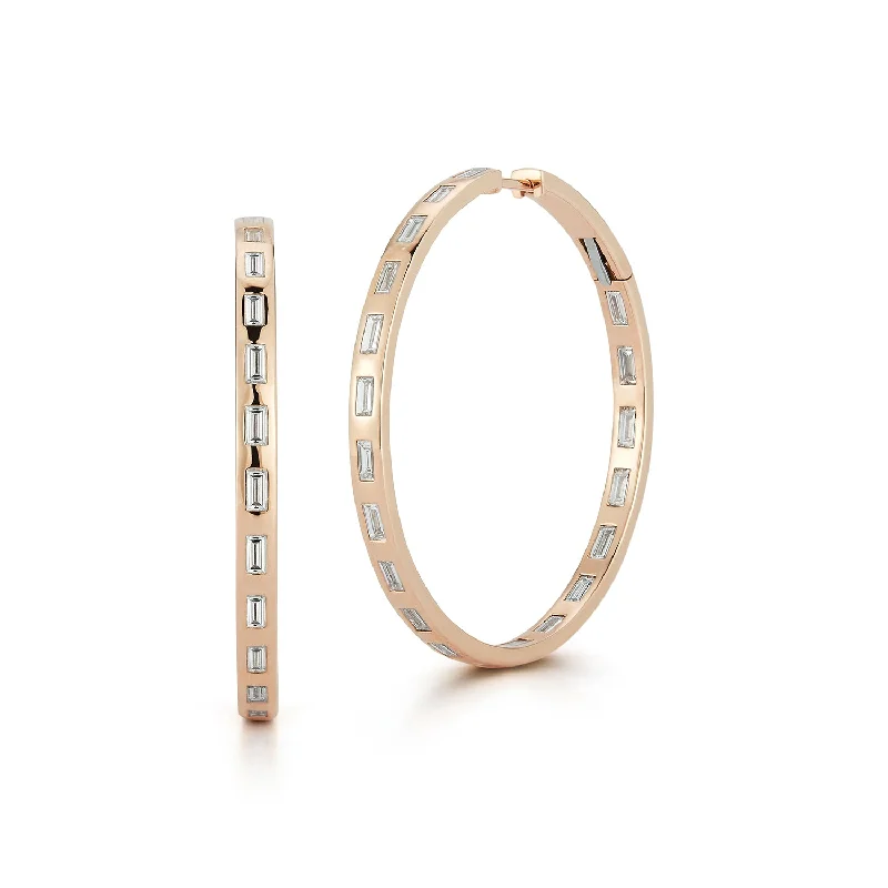 women's enamel hoop earrings -OTTOLINE 18K GOLD AND DIAMOND BAGUETTE 1.5" ROUND HOOP EARRING