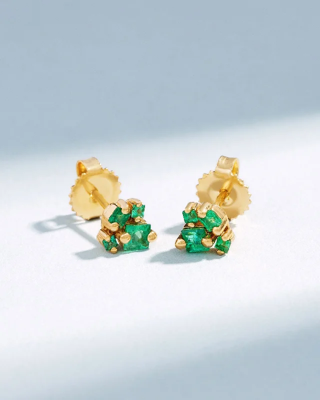 women's minimalist gold studs -Princess Cluster Emerald Studs